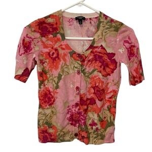 Talbots Women's Size P Pink Floral Short Sleeve Cardigan Sweater Cottagecore